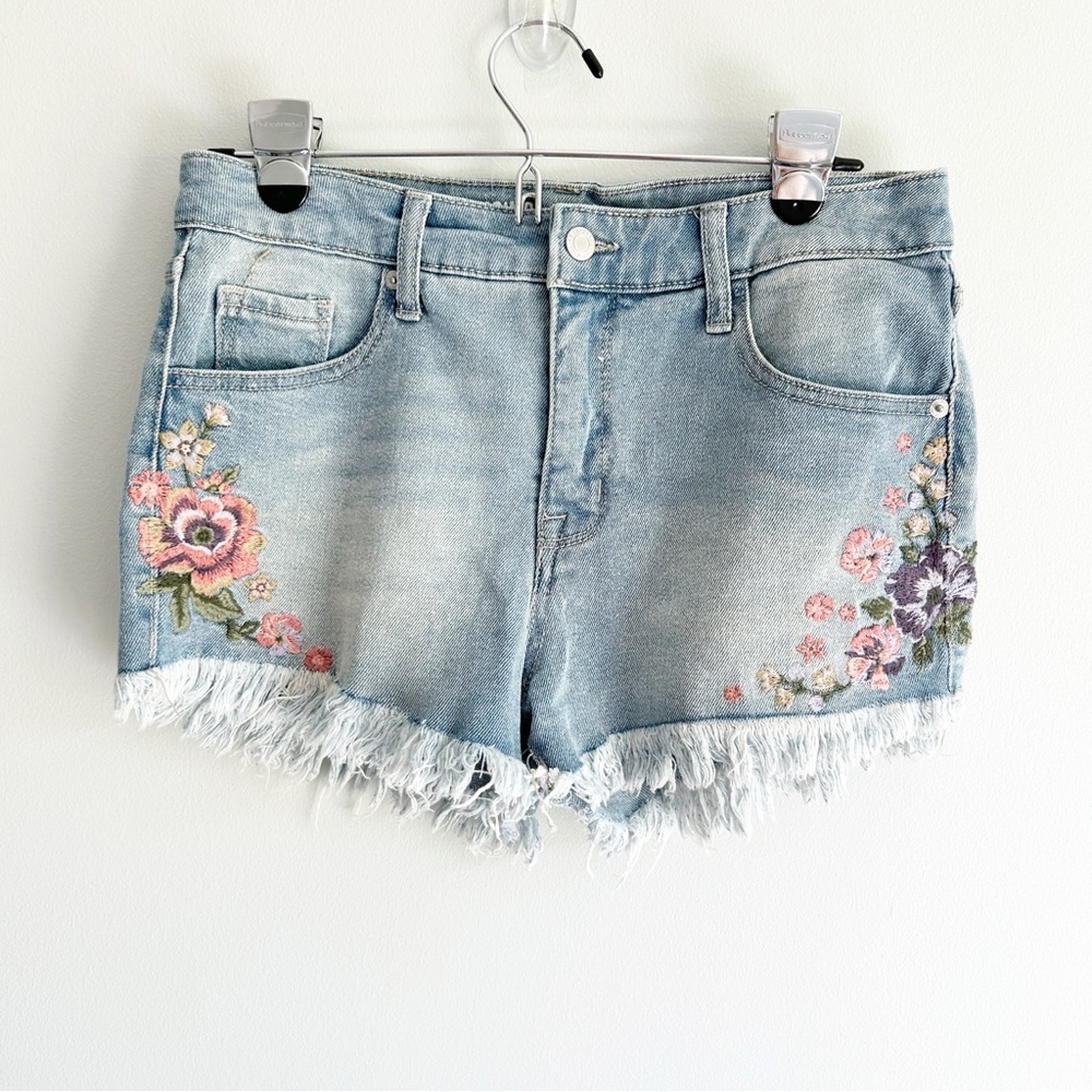 Mossimo High Rise Denim Shorts Emboridered Floral Raw Hem 8/29